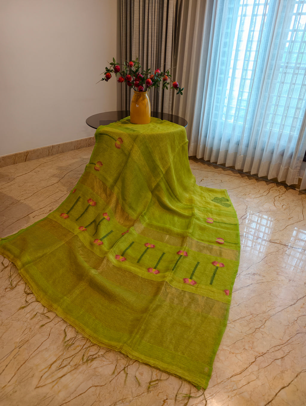 Parrot green linen silk saree with woven floral pallu, gold zari and tassels – Nayikaa
