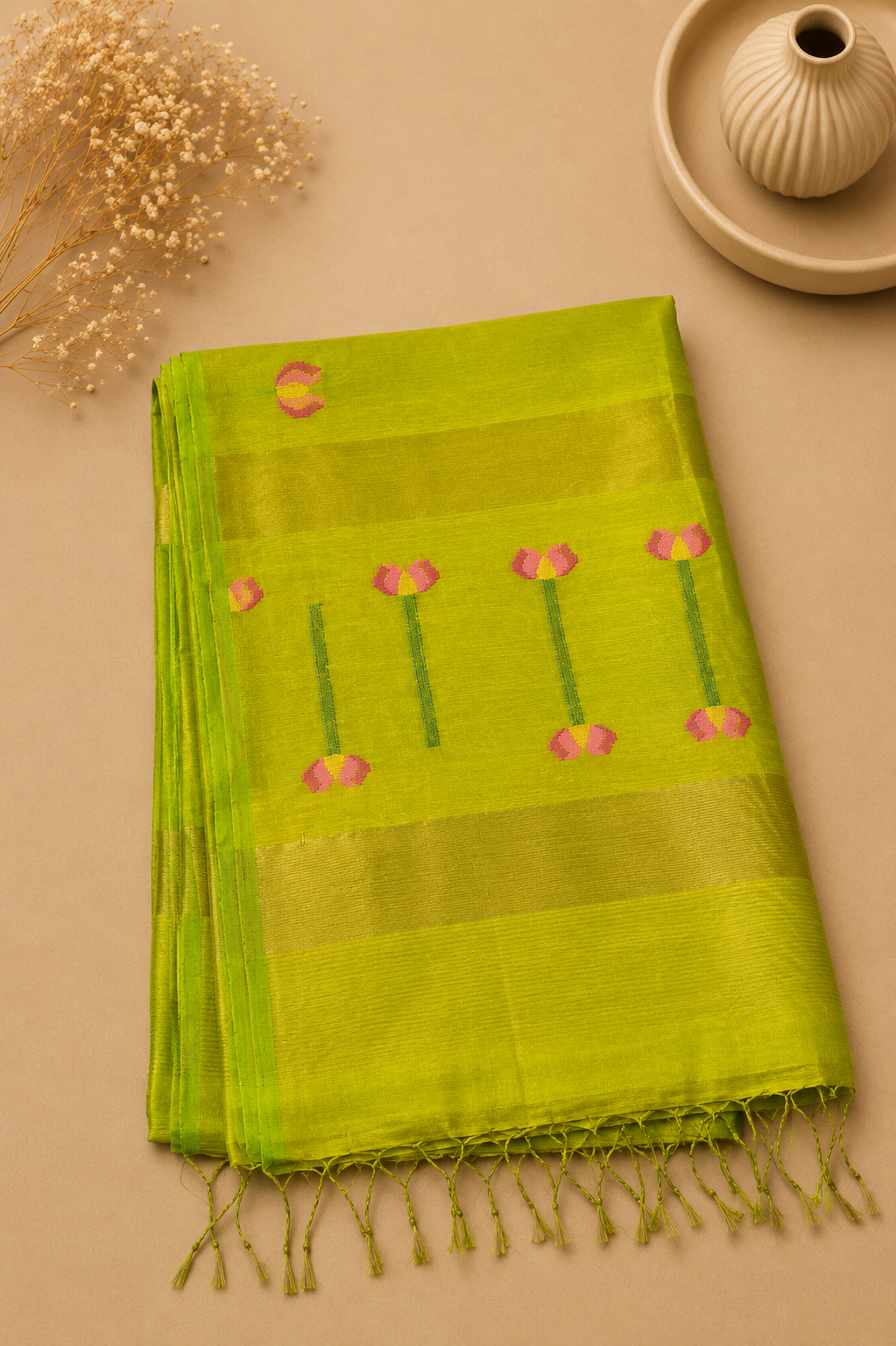 Folded parrot green linen silk saree with floral pallu and gold zari border – Nayikaa