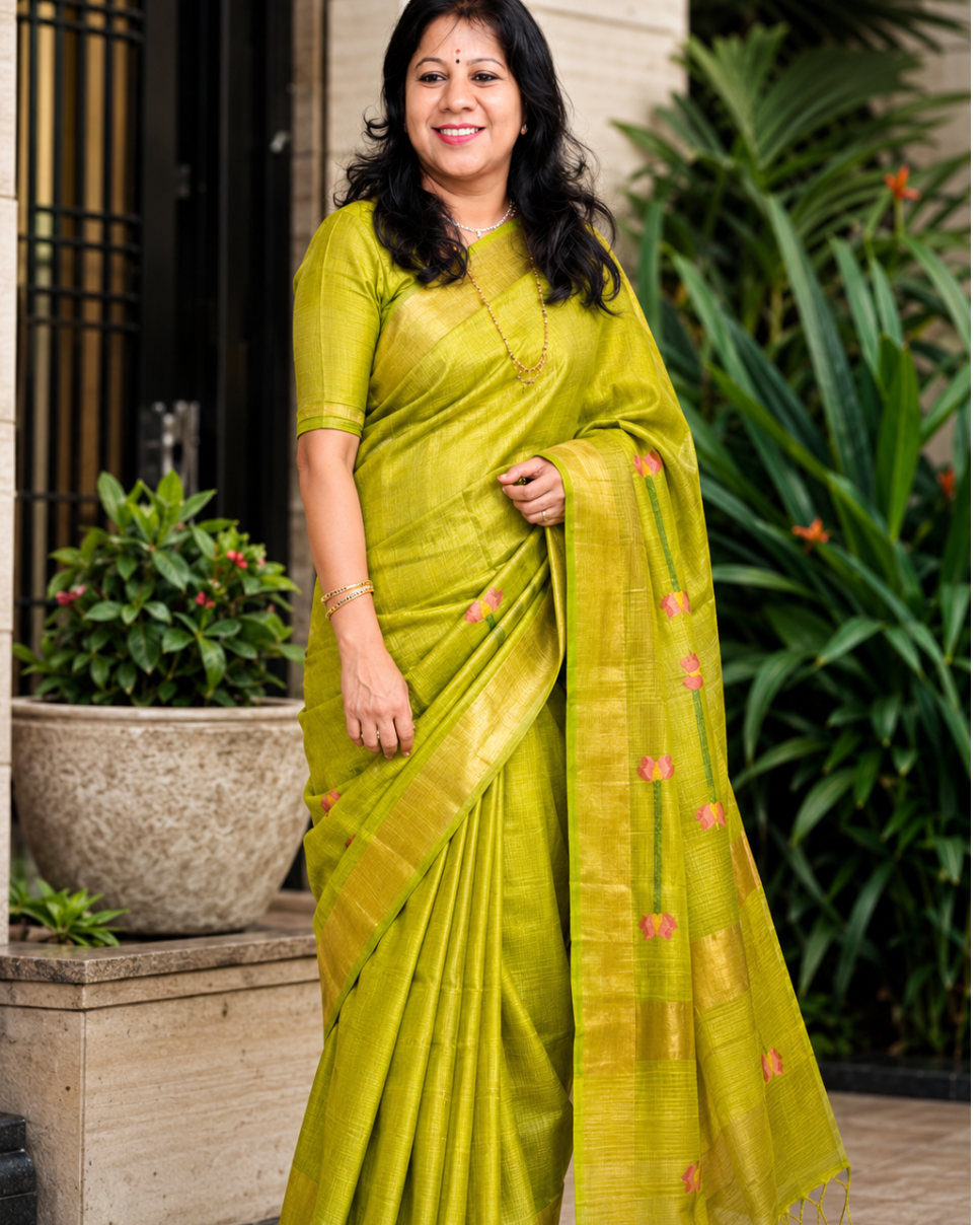 Modal wearing parrot green linen silk saree with floral pallu and gold zari border – Nayikaa