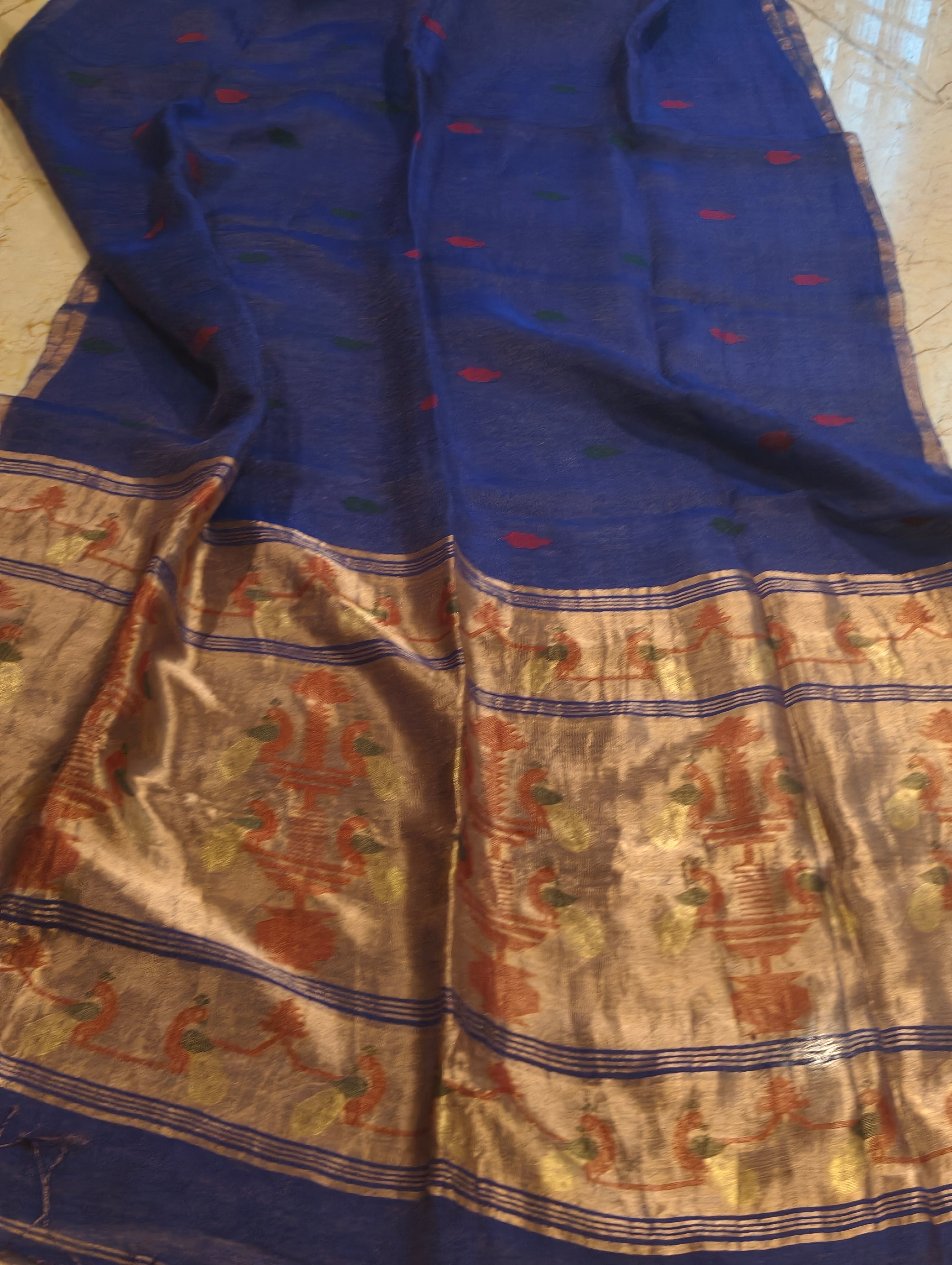 Neel Mayura – Navy Blue Matka Silk Jamdani Saree