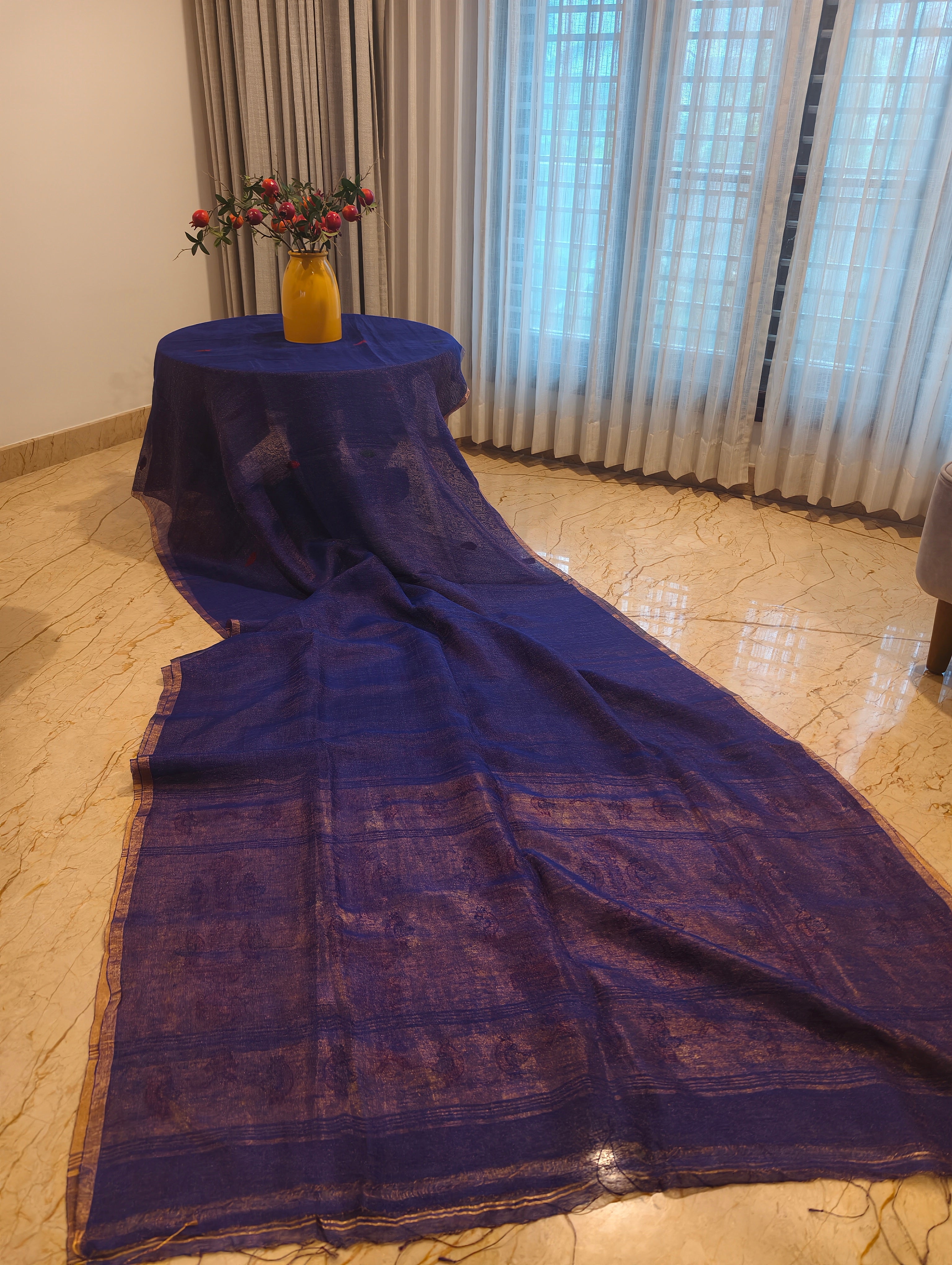 Neel Mayura – Navy Blue Matka Silk Jamdani Saree