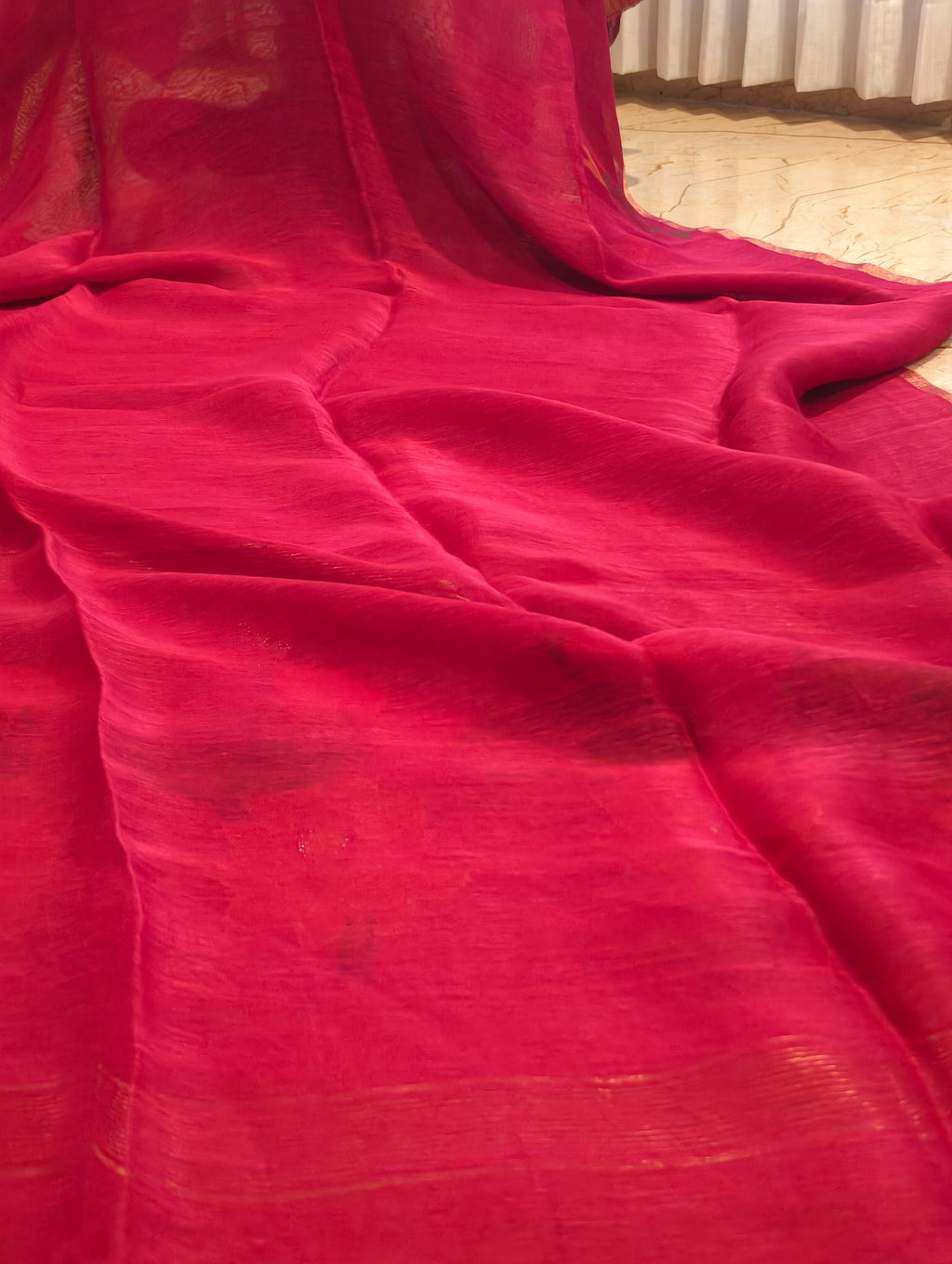 Dark pink Matka Silk Jamdani saree fabric texture and natural sheen close-up