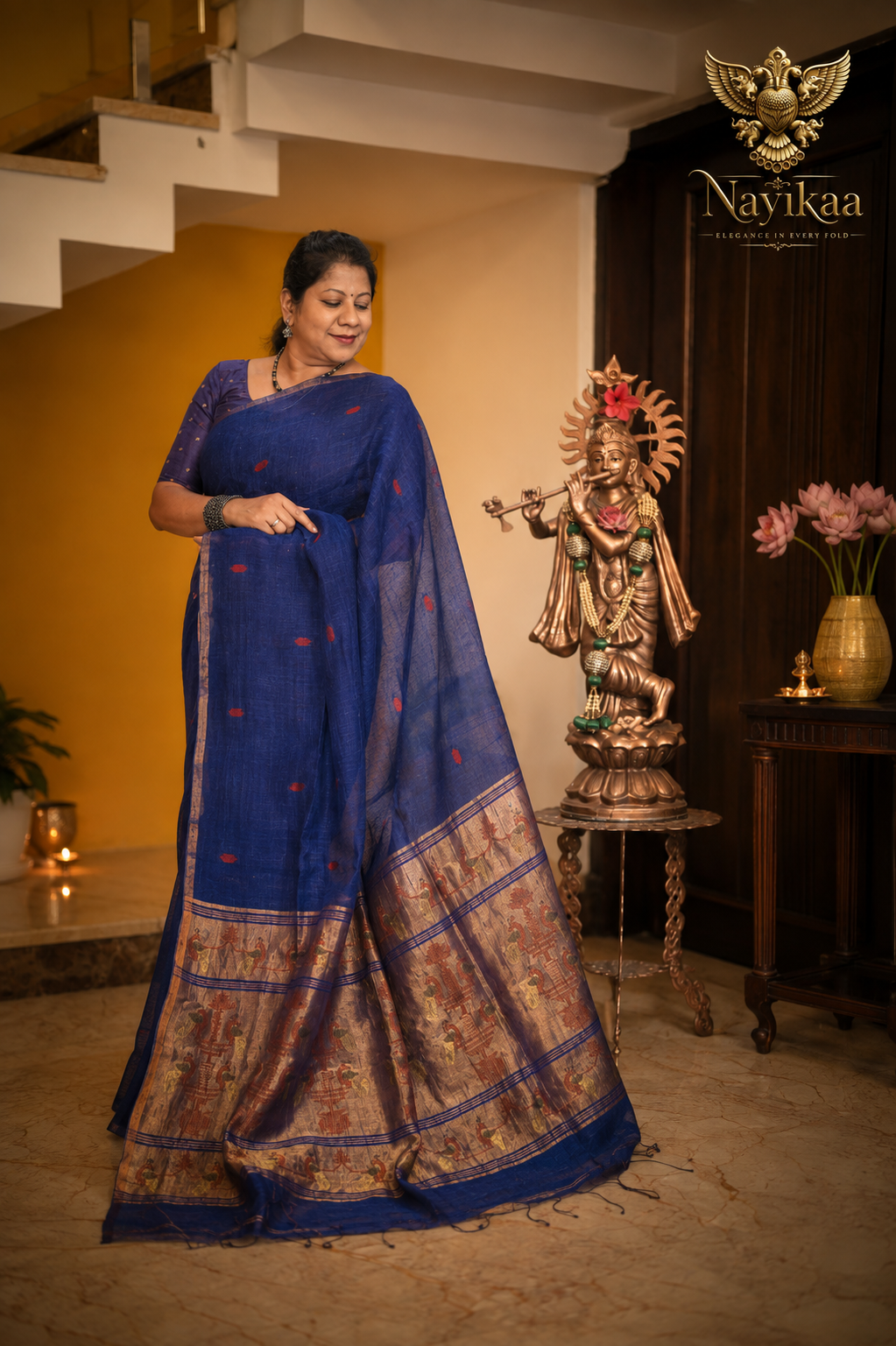 Neel Mayura – Navy Blue Matka Silk Jamdani Saree