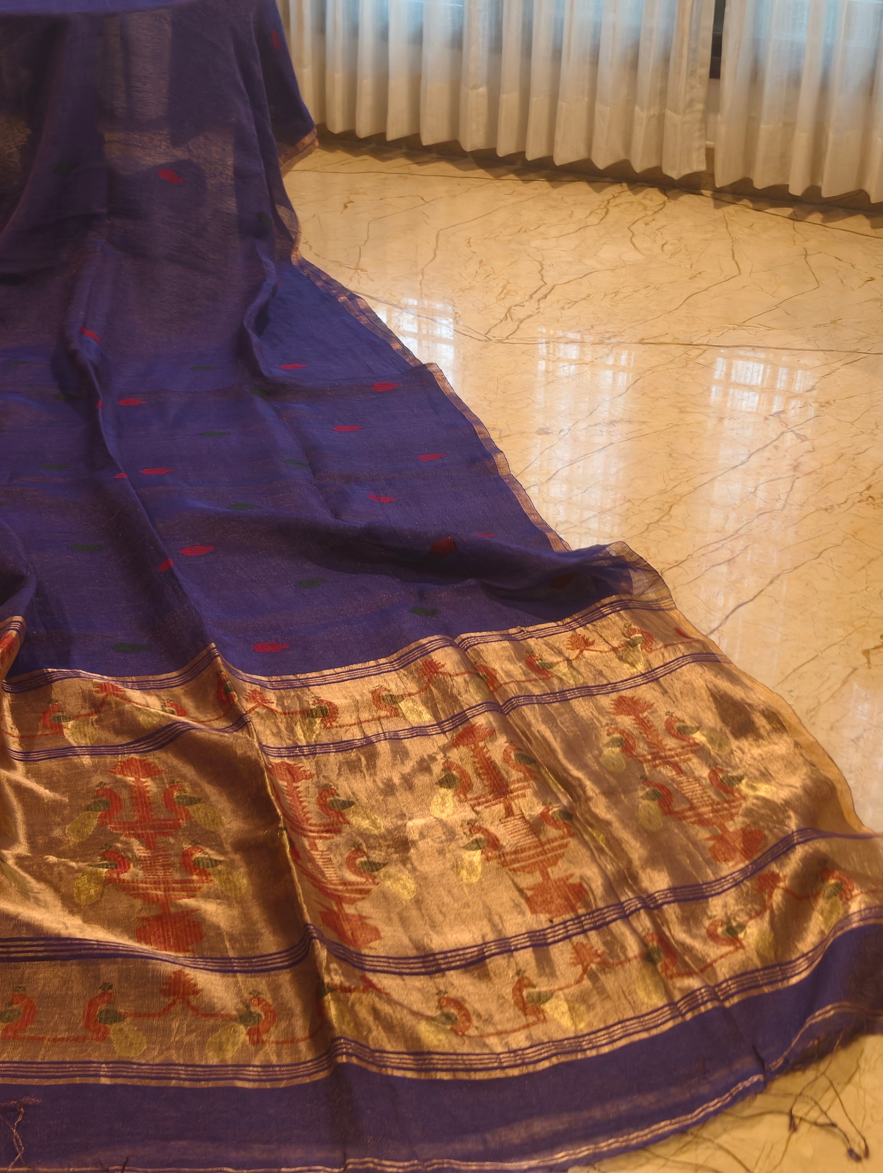 Neel Mayura – Navy Blue Matka Silk Jamdani Saree