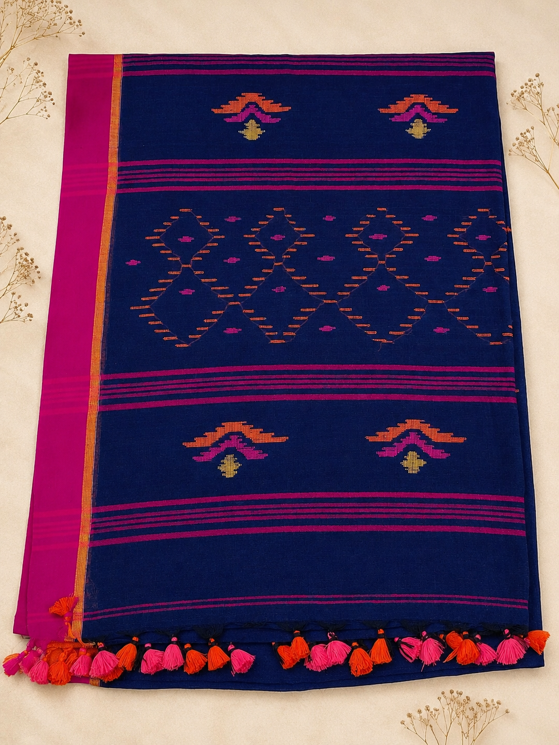 Jamdani Linen Cotton Saree (Blue) | Breathable Everyday Elegance
