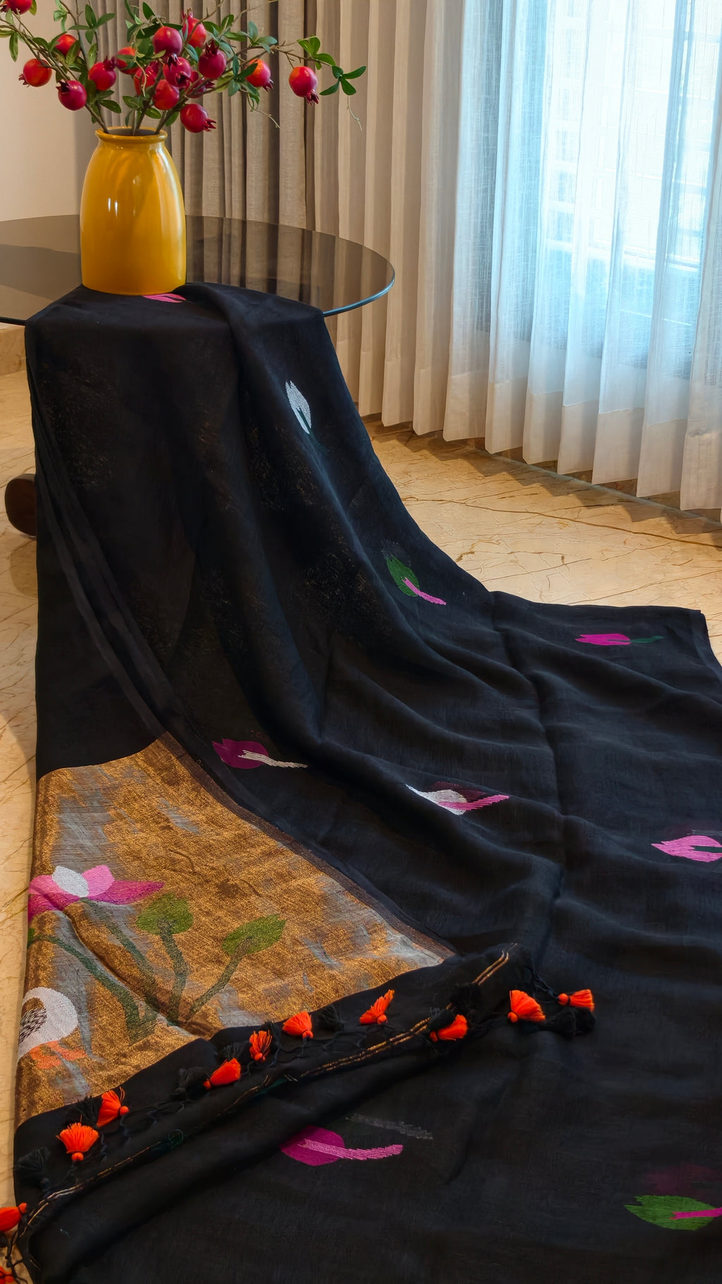 Krishna Kamalini – Black Linen Silk Jamdani Saree