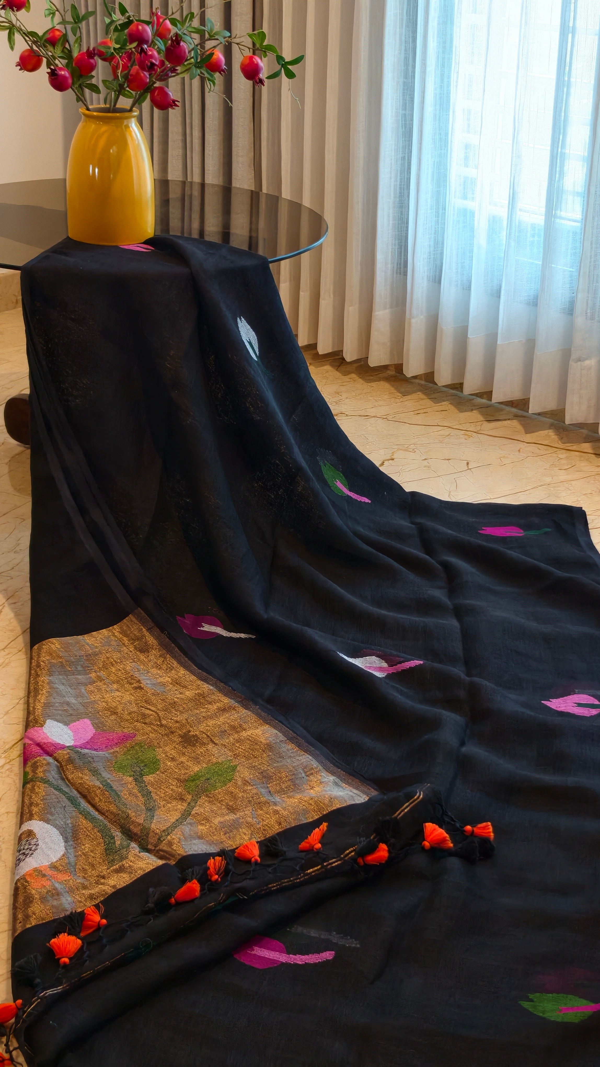 Krishna Kamalini – Black Linen Silk Jamdani Saree