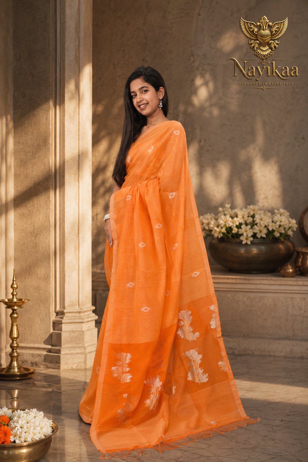 Orange Matka Muslin Jamdani Saree