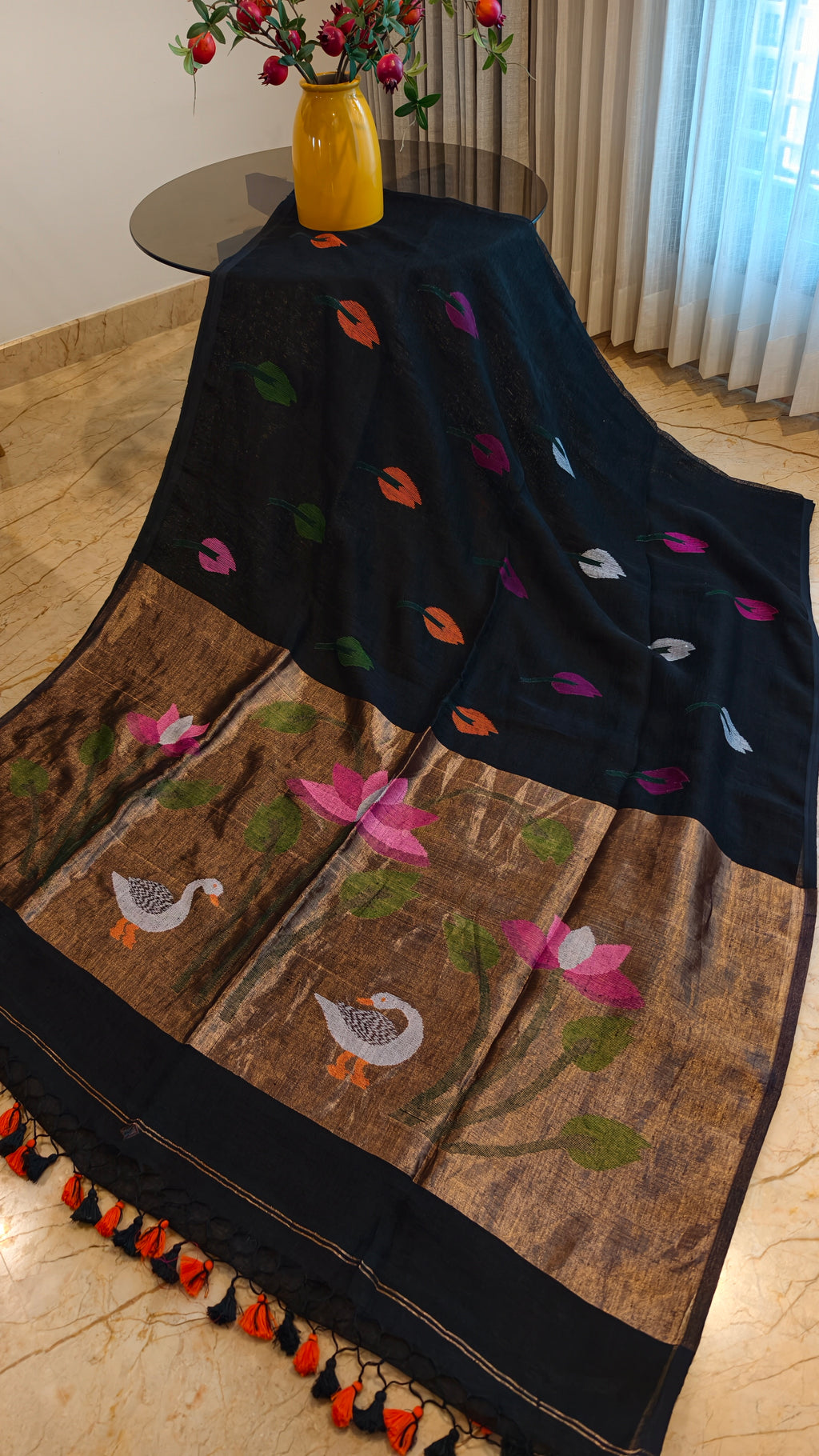 Krishna Kamalini – Black Linen Silk Jamdani Saree