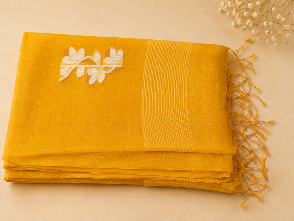 Matka Muslin Jamdani - Golden yellow fabric