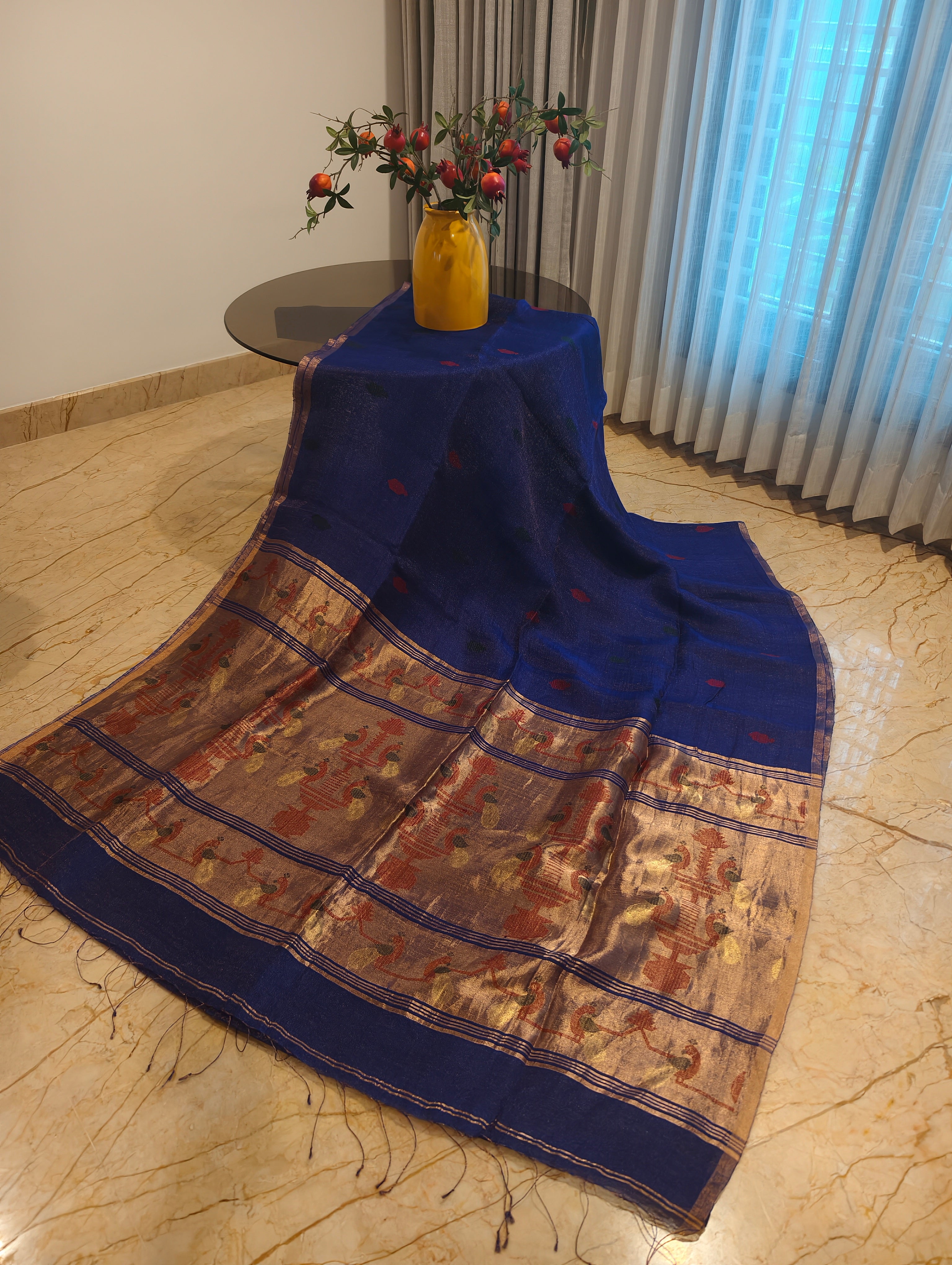 Neel Mayura – Navy Blue Matka Silk Jamdani Saree