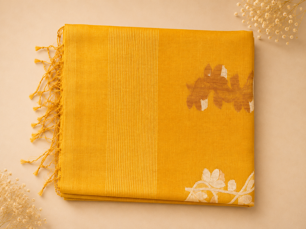 Matka Muslin Jamdani - Golden yellow fabric