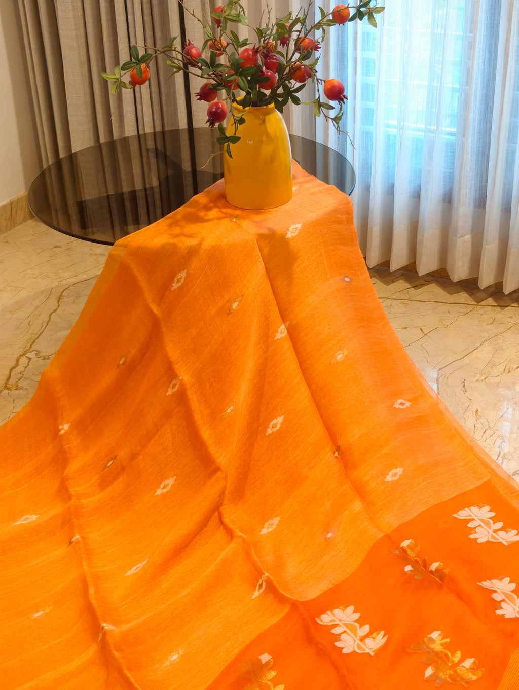 Orange Matka Muslin Jamdani saree full drape with handwoven floral motifs