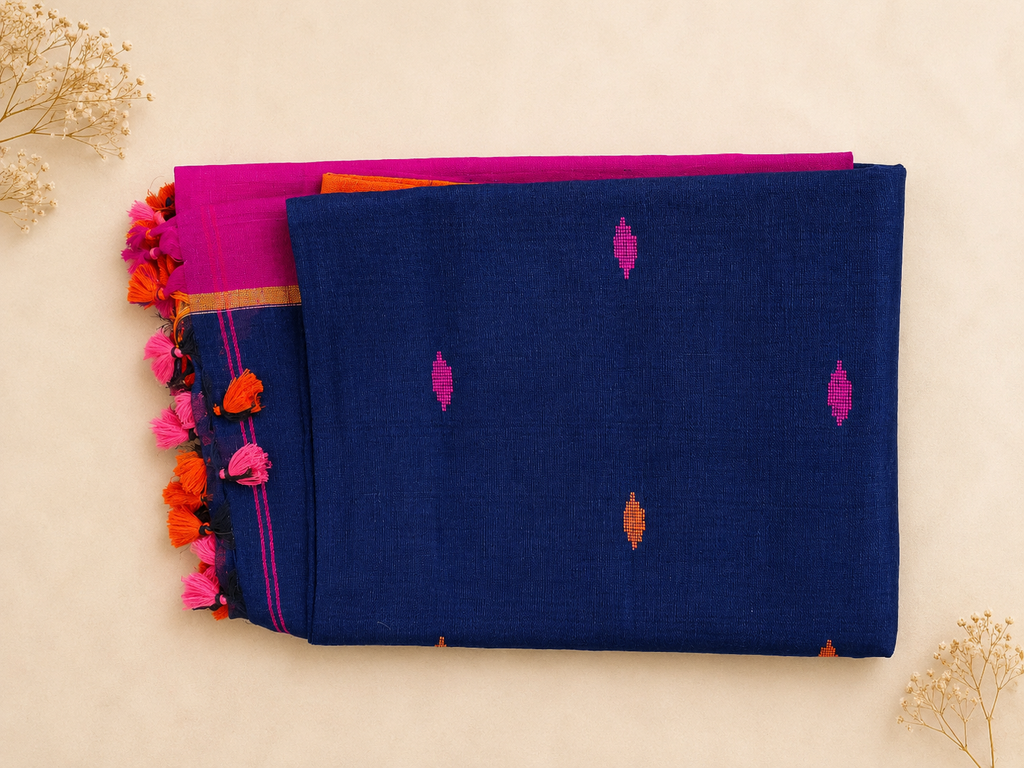 Jamdani Linen Cotton Saree (Blue) | Breathable Everyday Elegance