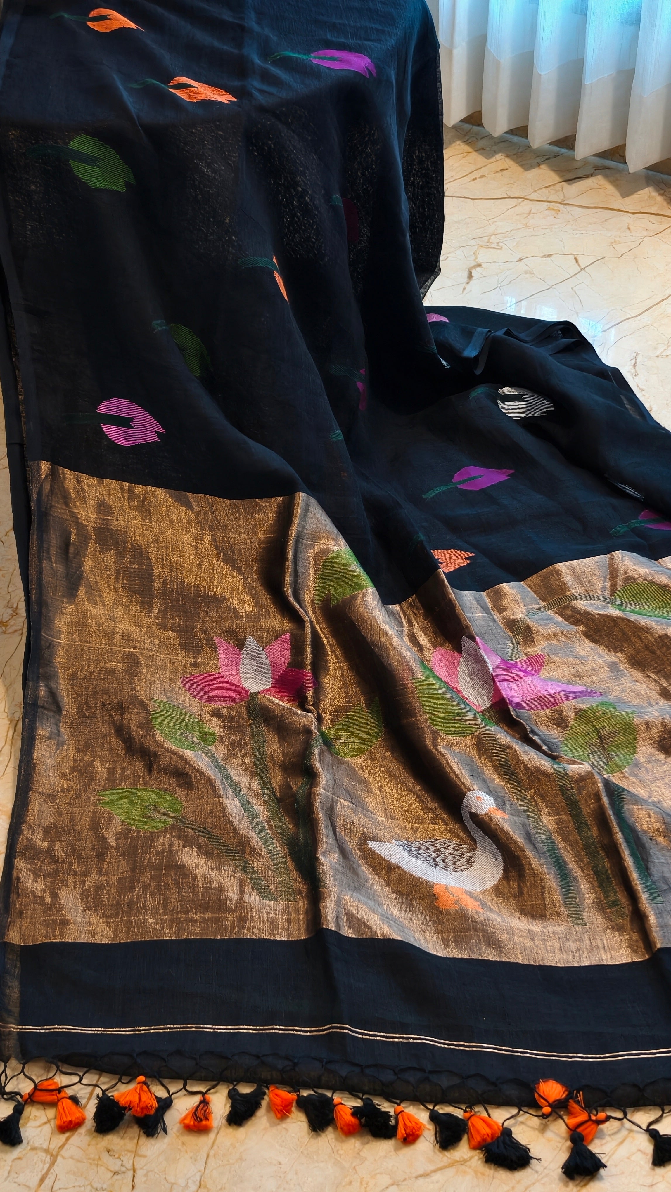 Krishna Kamalini – Black Linen Silk Jamdani Saree