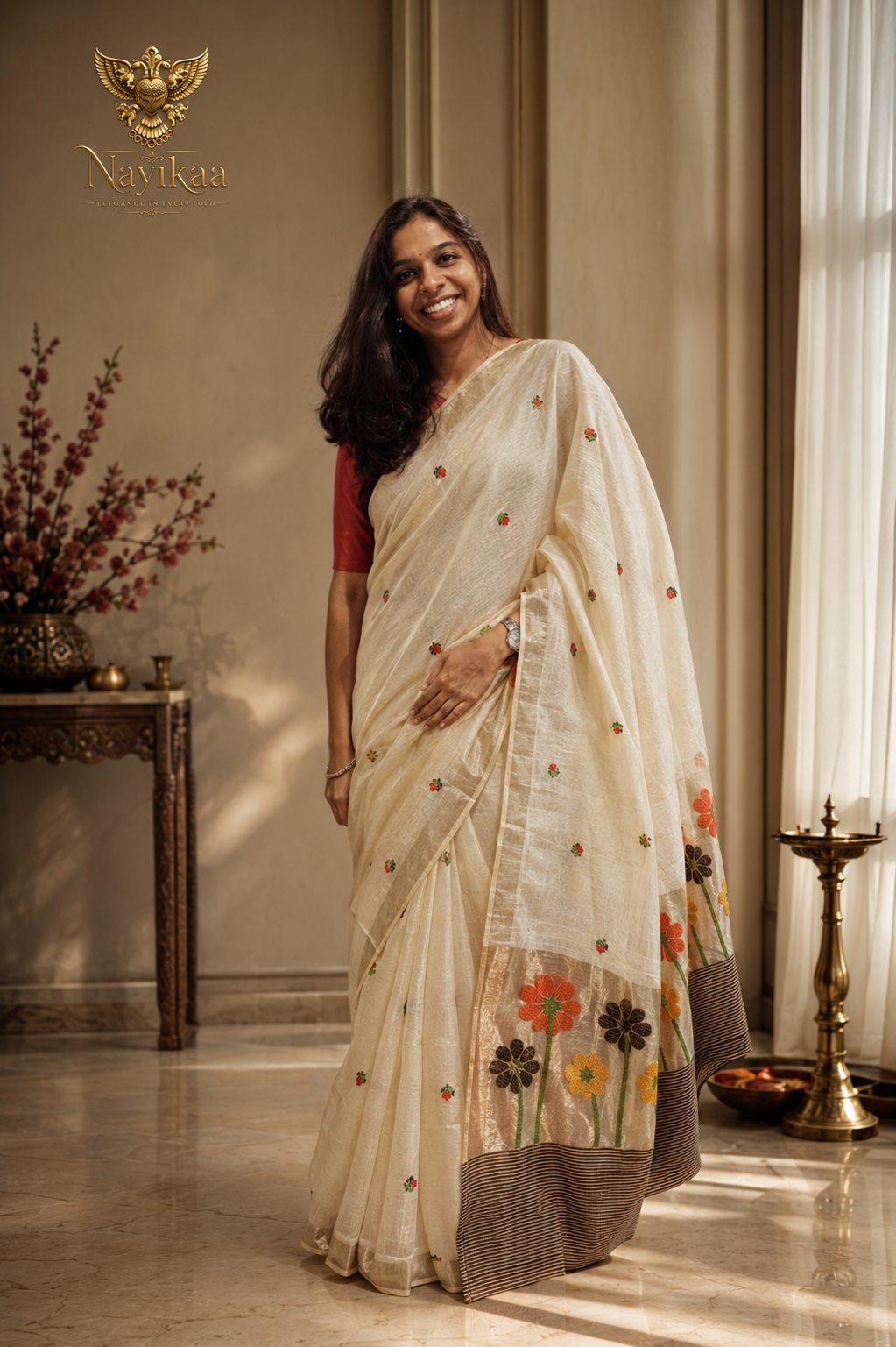 Shweta Pushpa – White Matka Silk Jamdani Saree