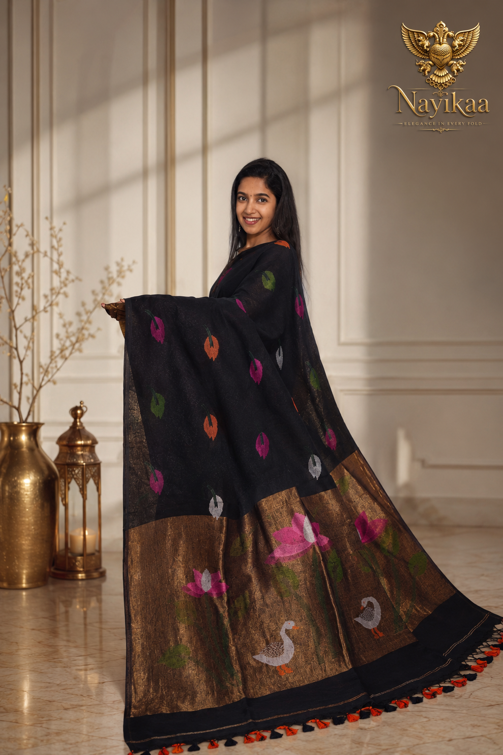 Krishna Kamalini – Black Linen Silk Jamdani Saree