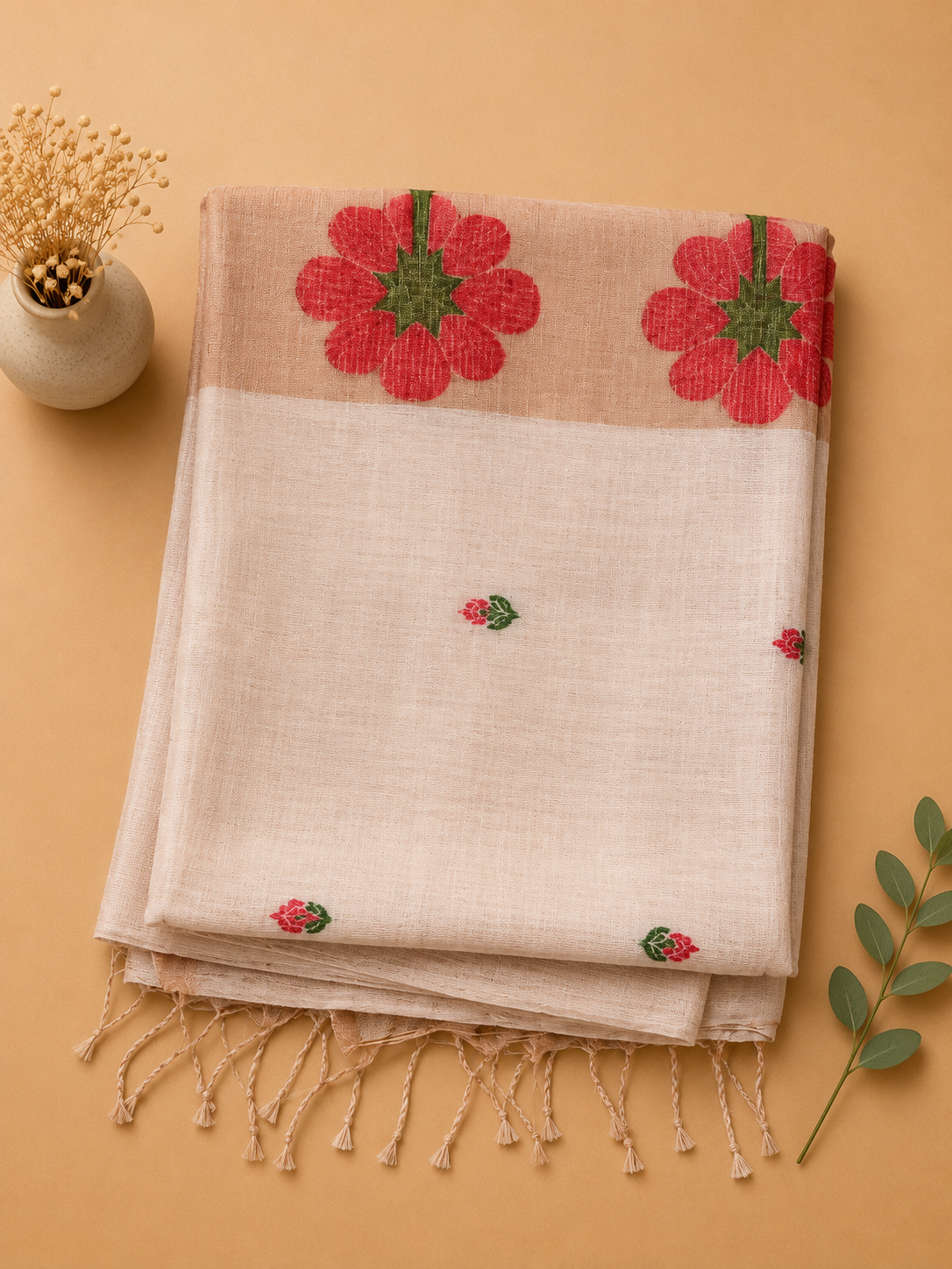 Folded white Matka silk Jamdani saree with woven red floral motifs and tassels – Nayikaa