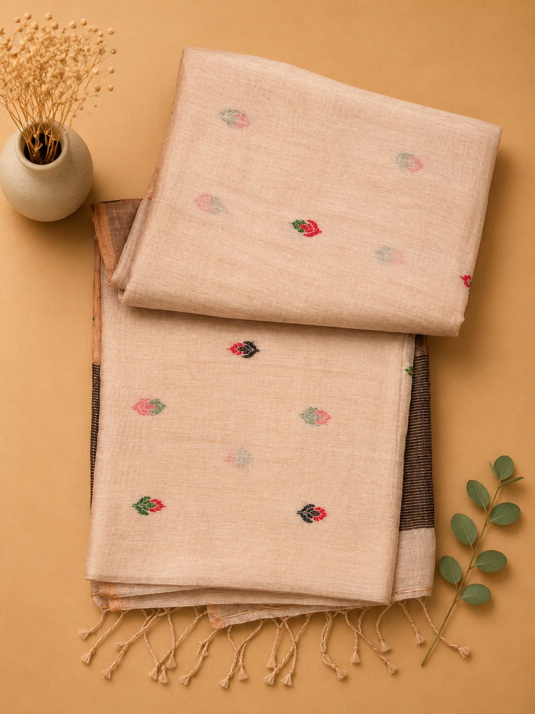 Folded white Matka silk Jamdani saree body with small woven floral motifs and tassels – Nayikaa