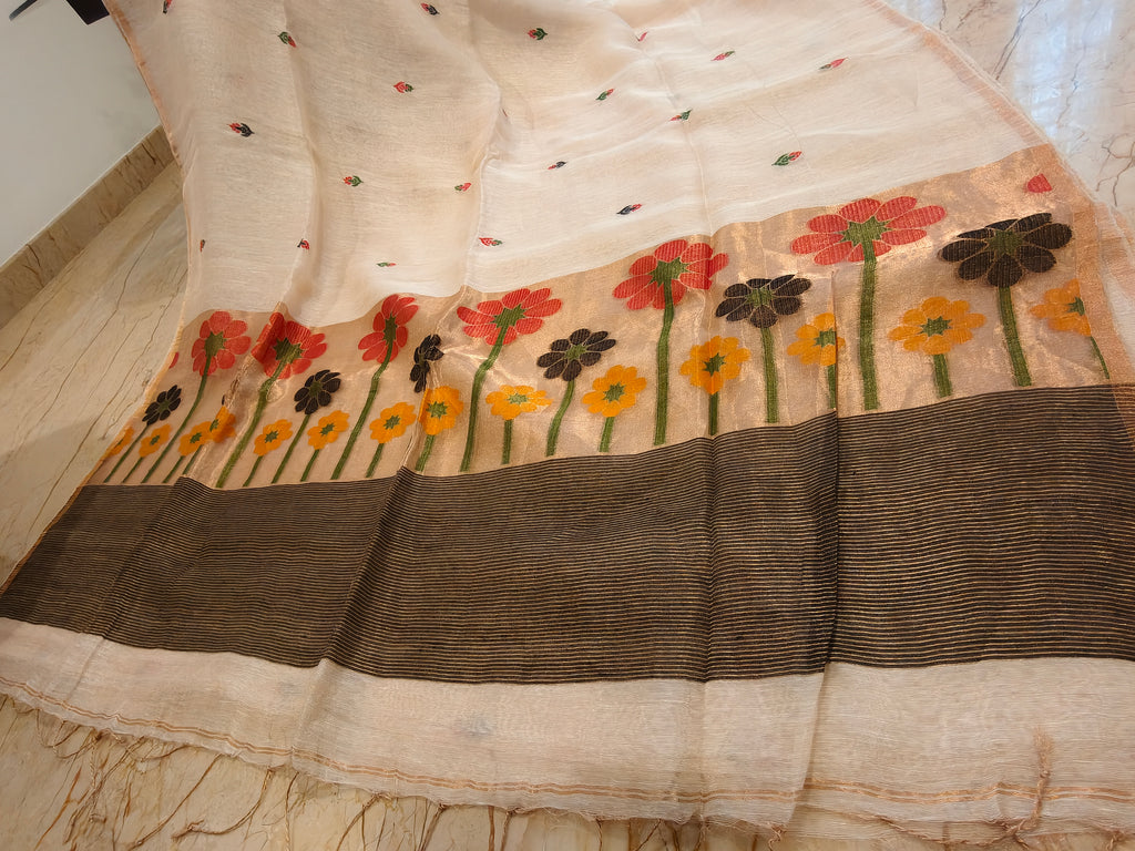 White Matka silk Jamdani saree pallu with woven red, yellow and dark floral motifs and striped zari border – Nayikaa