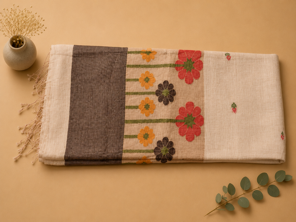 Folded white Matka silk Jamdani saree with colourful woven floral pallu, striped zari and tassels – Nayikaa