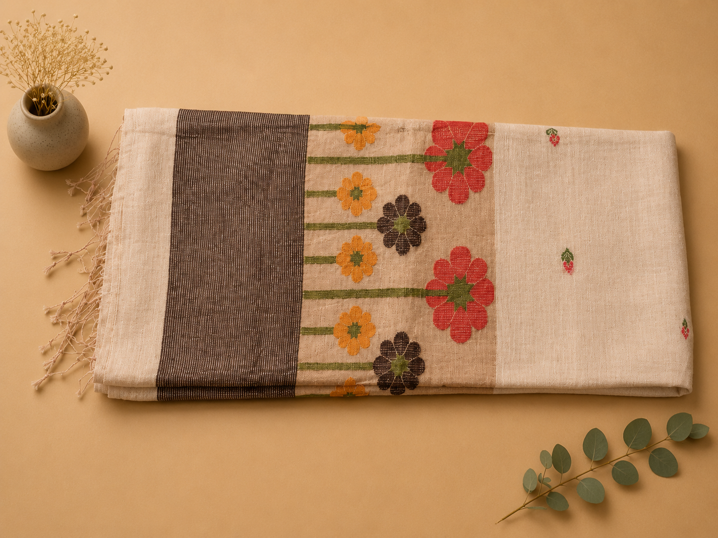 Folded white Matka silk Jamdani saree with colourful woven floral pallu, striped zari and tassels – Nayikaa