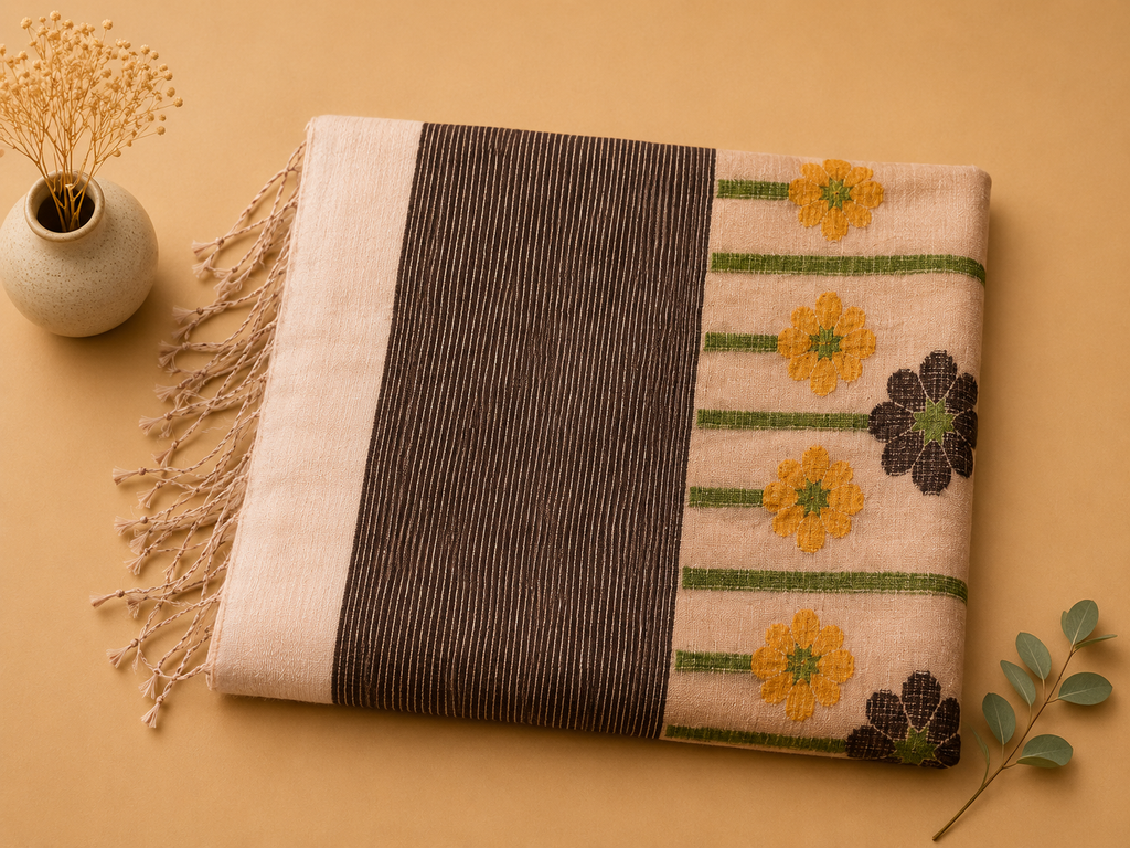 Folded white Matka silk Jamdani saree with woven yellow and dark flowers, striped zari border and tassels – Nayikaa