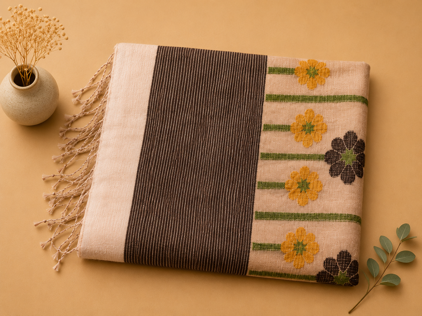 Folded white Matka silk Jamdani saree with woven yellow and dark flowers, striped zari border and tassels – Nayikaa