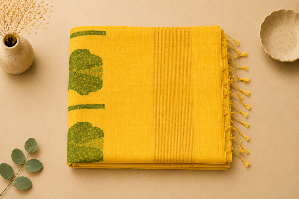 Yellow Matka silk Jamdani saree with woven green leaf motifs and tassels – Nayikaa