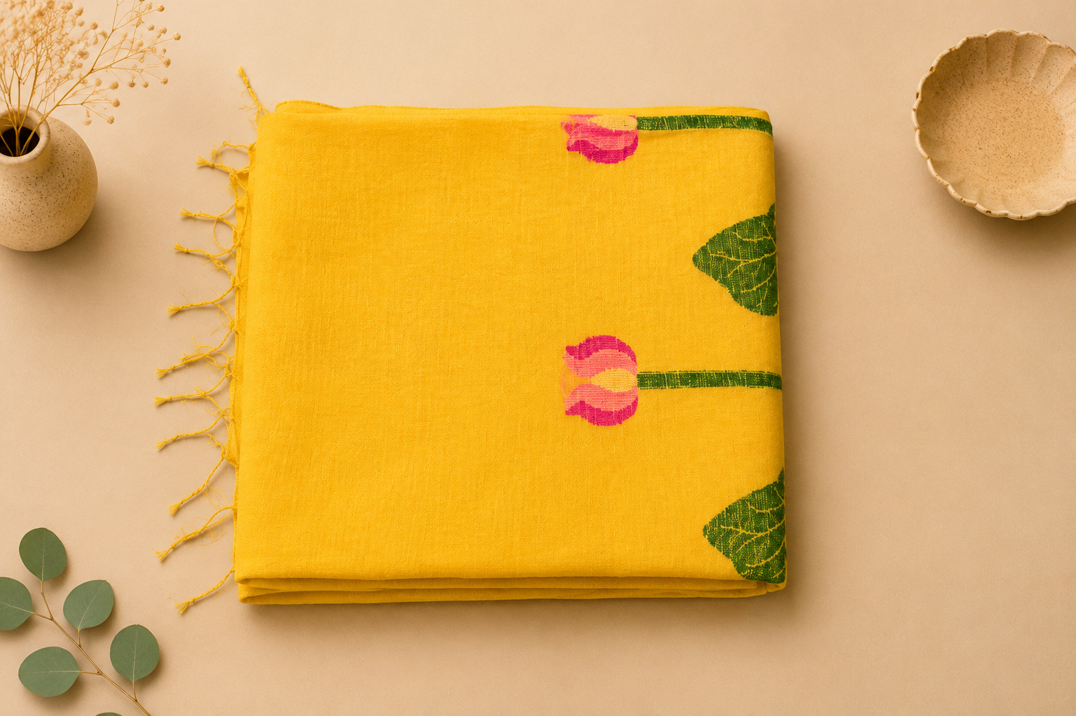 Yellow Matka silk Jamdani saree with pink woven lotus motif and green leaf – Nayikaa